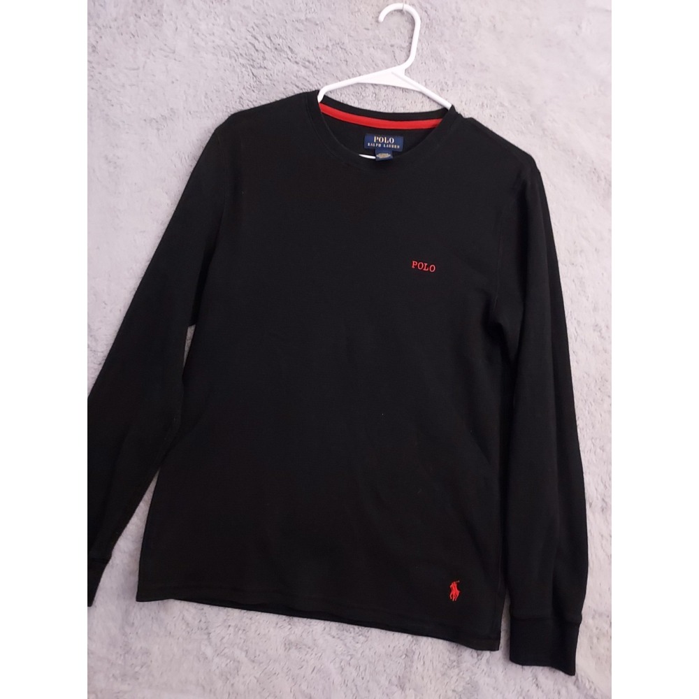 Polo Ralph Lauren Shirt Mens Medium Waffle Knit Thermal Black Red Pony Sleepwear